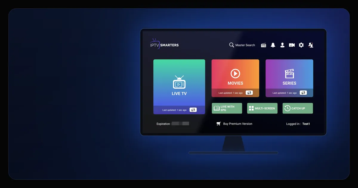Startbildschirm von IPTV Smarters Pro auf einem Fernseher mit den Kacheln Live TV, Filme, Serien, Multi-Screen und Catch up