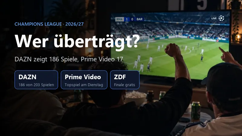 Champions League 2026/27: DAZN zeigt 186 von 203 Spielen, Prime Video das Topspiel am Dienstag, das Finale läuft zusätzlich im ZDF