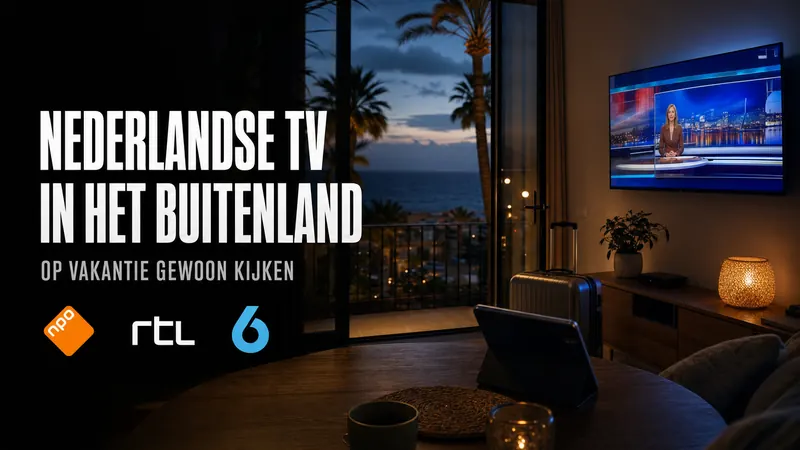 Illustratie van een koffer naast een tv-scherm: tv kijken op reis