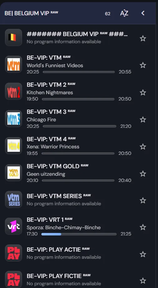 De Belgische groep in de app met VTM, VTM 2, 3 en 4, VTM Gold en VRT 1 en het programma dat nu loopt