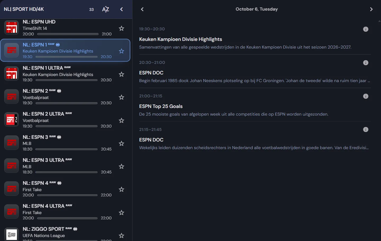 De tv-gids in de app: links de ESPN-zenders, rechts de programma's van ESPN 1 per tijdvak