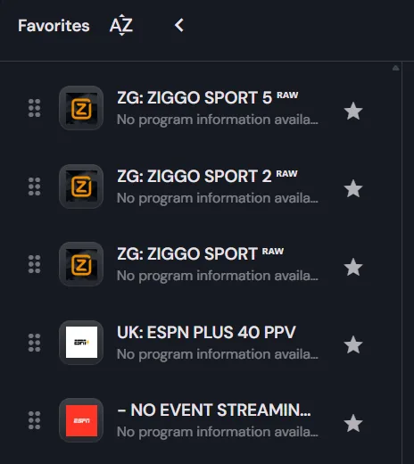 Een favorietenlijst in de app met Ziggo Sport en andere sportzenders