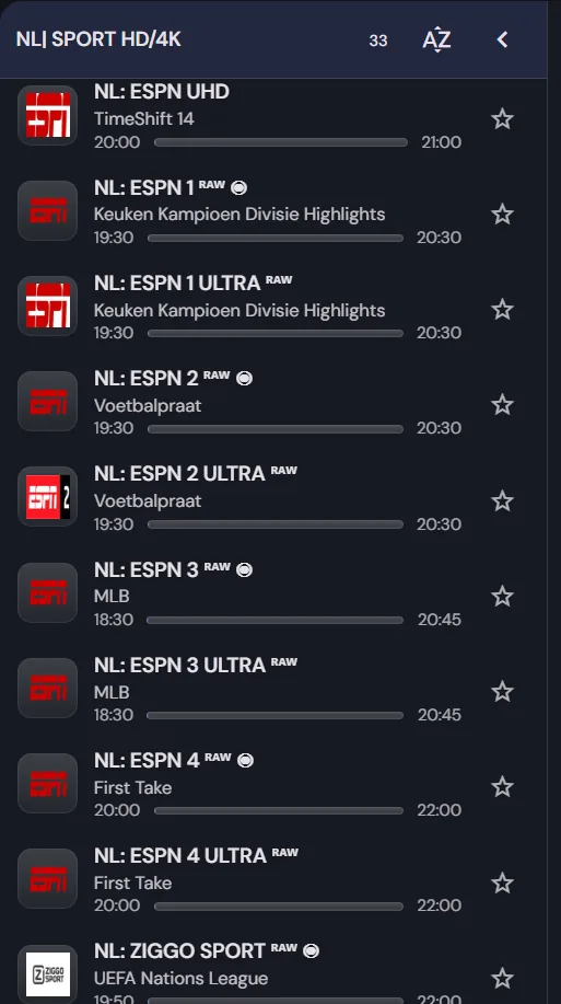 De sportgroep in de app met van elke ESPN-zender een gewone versie en een Ultra-versie