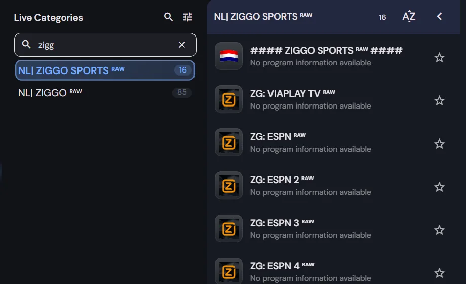 Zoeken in de app: na het typen van zigg verschijnen de Ziggo Sport-zenders