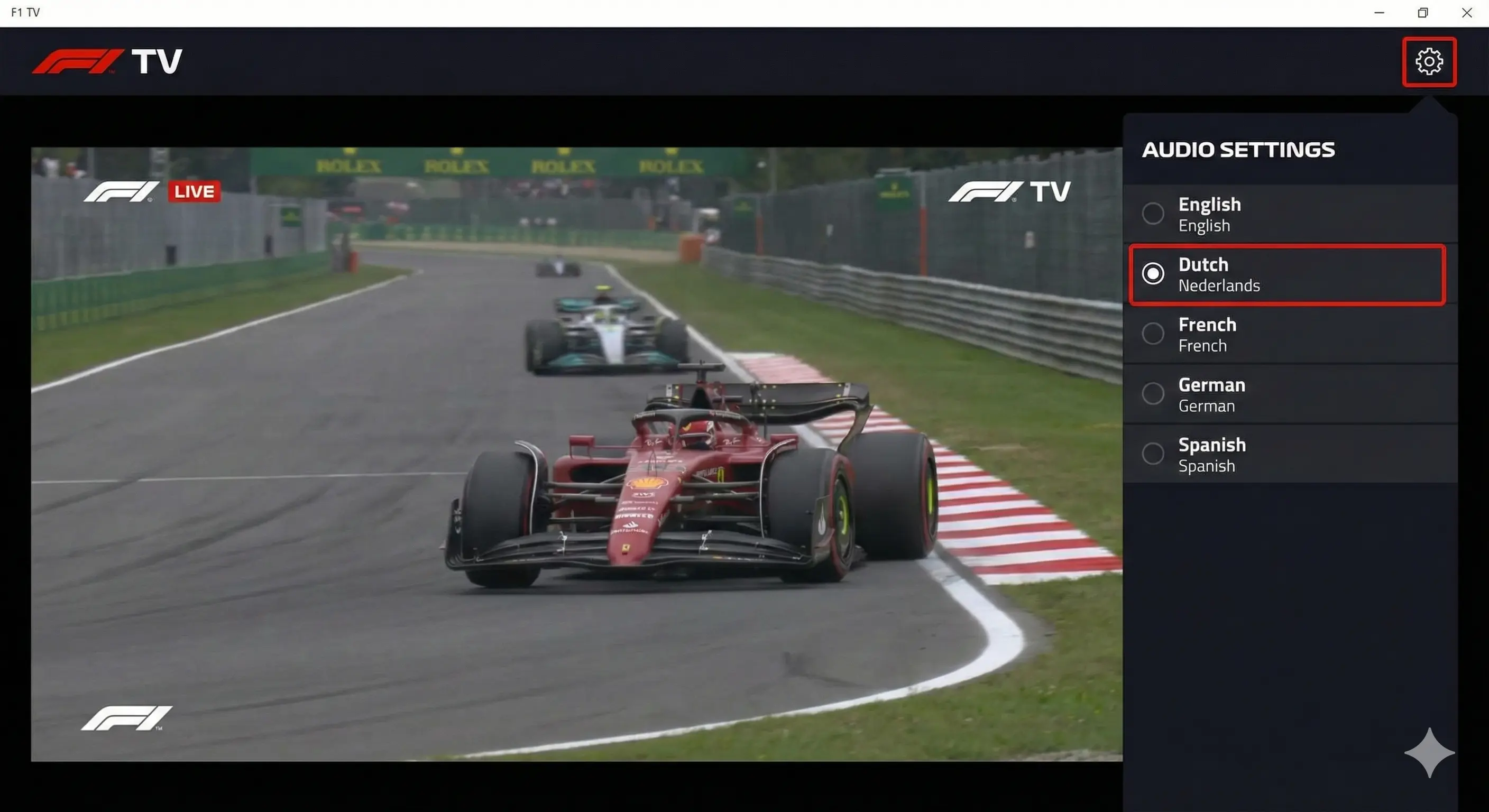 F1 TV Audio Instellingen Menu