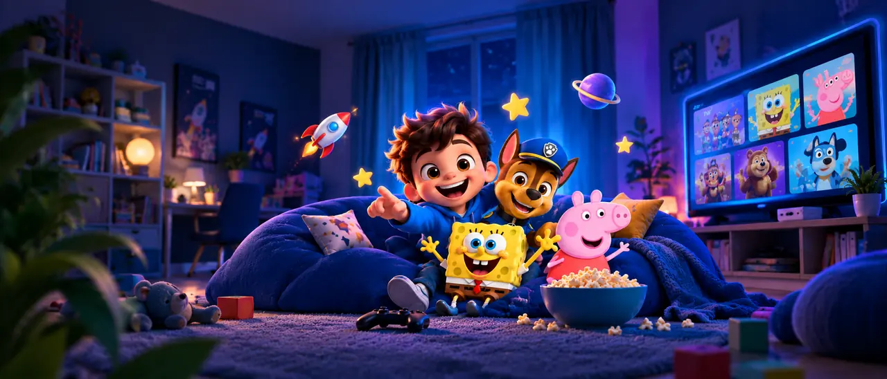 Kind kijkt tekenfilms en kinderzenders op een grote tv