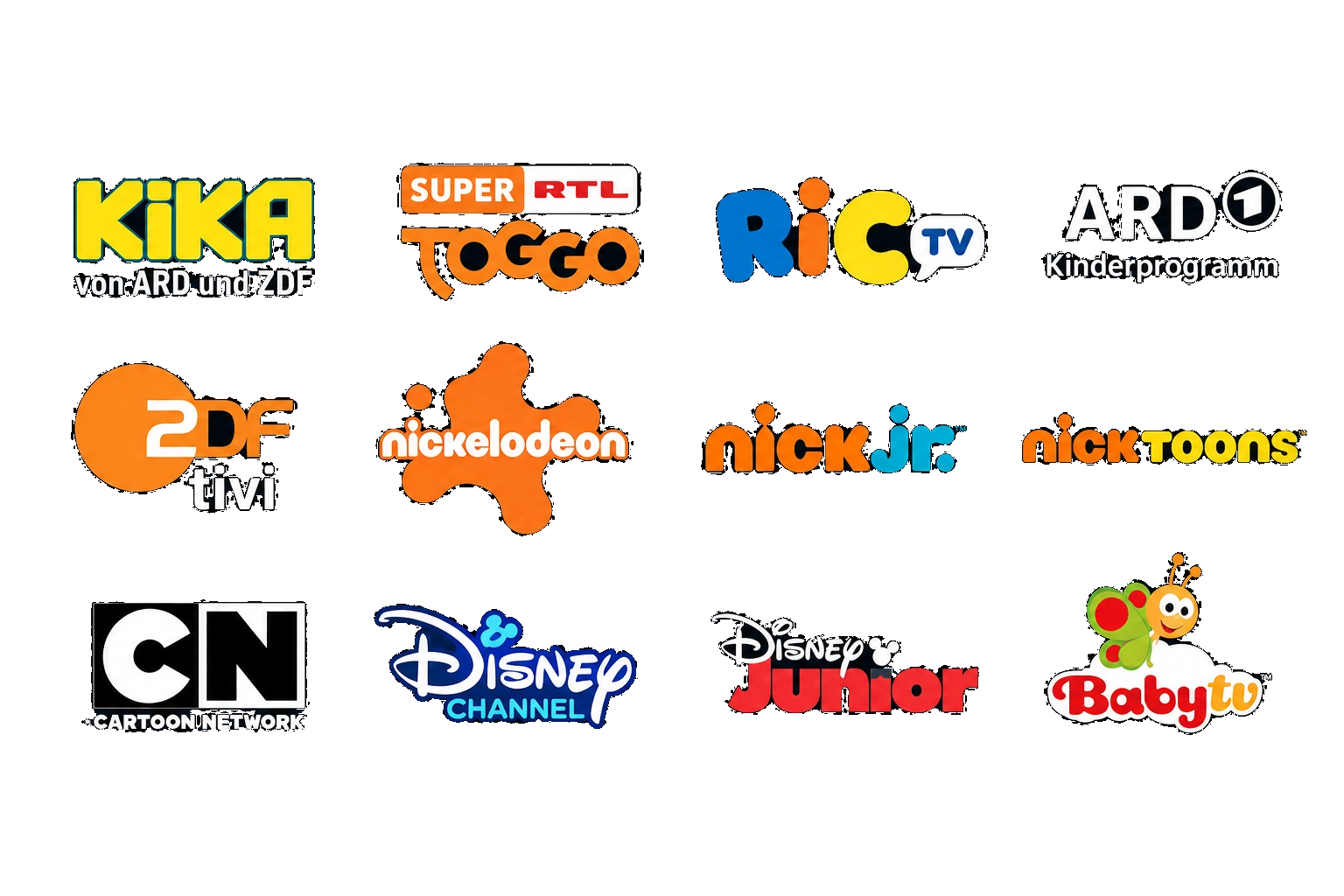 Logos von KiKA, Super RTL TOGGO, RiC TV, ARD Kinderprogramm, ZDFtivi, Nickelodeon, Nick Jr., Nicktoons, Cartoon Network, Disney Channel, Disney Junior und BabyTV