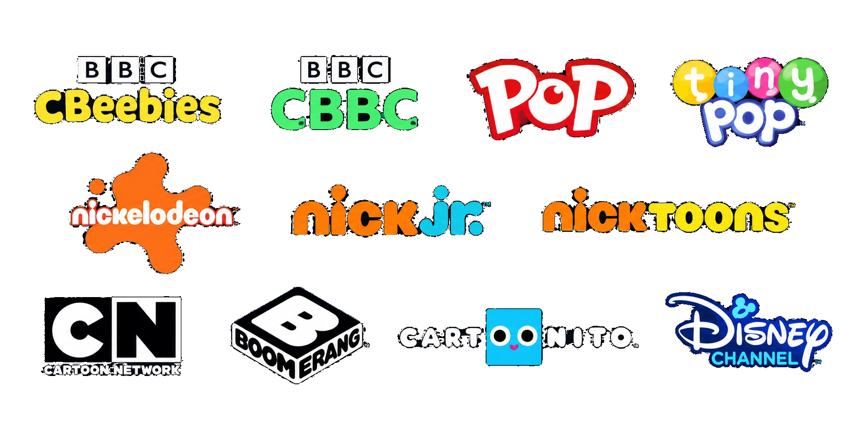 Logos of CBeebies, CBBC, Pop, Tiny Pop, Nickelodeon, Nick Jr., Nicktoons, Cartoon Network, Boomerang, Cartoonito and Disney Channel