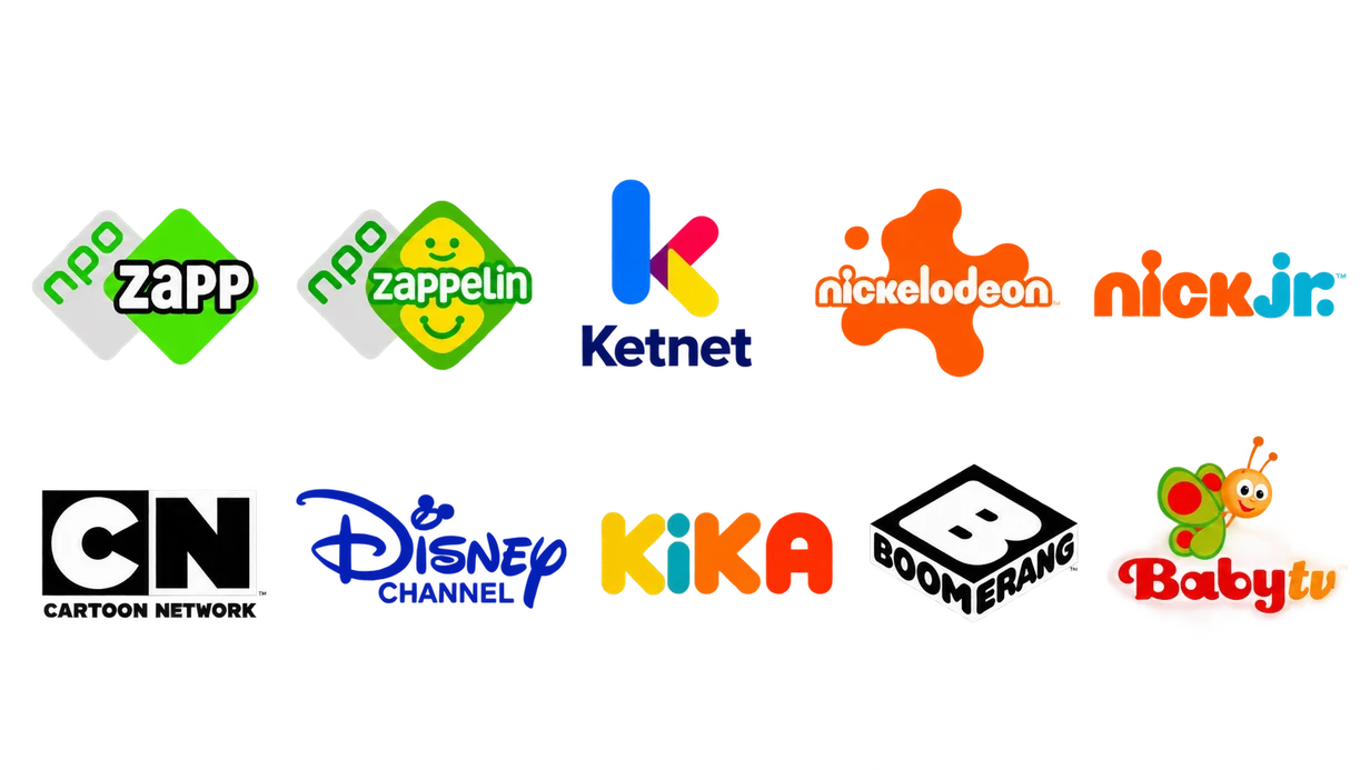 Logo's van NPO Zapp, NPO Zappelin, Ketnet, Nickelodeon, Nick Jr., Cartoon Network, Disney Channel, KiKA, Boomerang en BabyTV