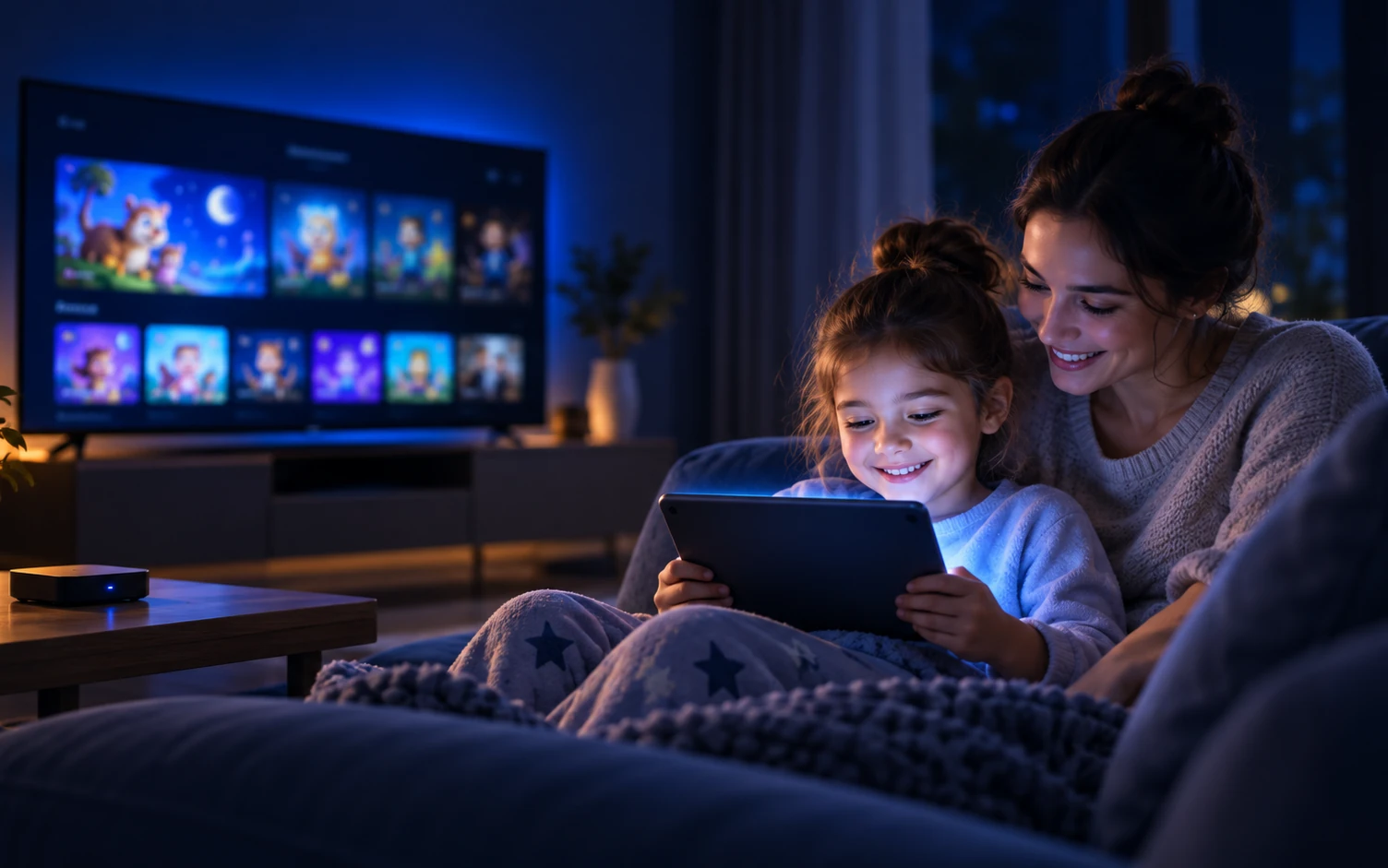 Een moeder en haar dochter kijken samen een kinderprogramma op een tablet, met op de achtergrond een smart-tv en een tv-box