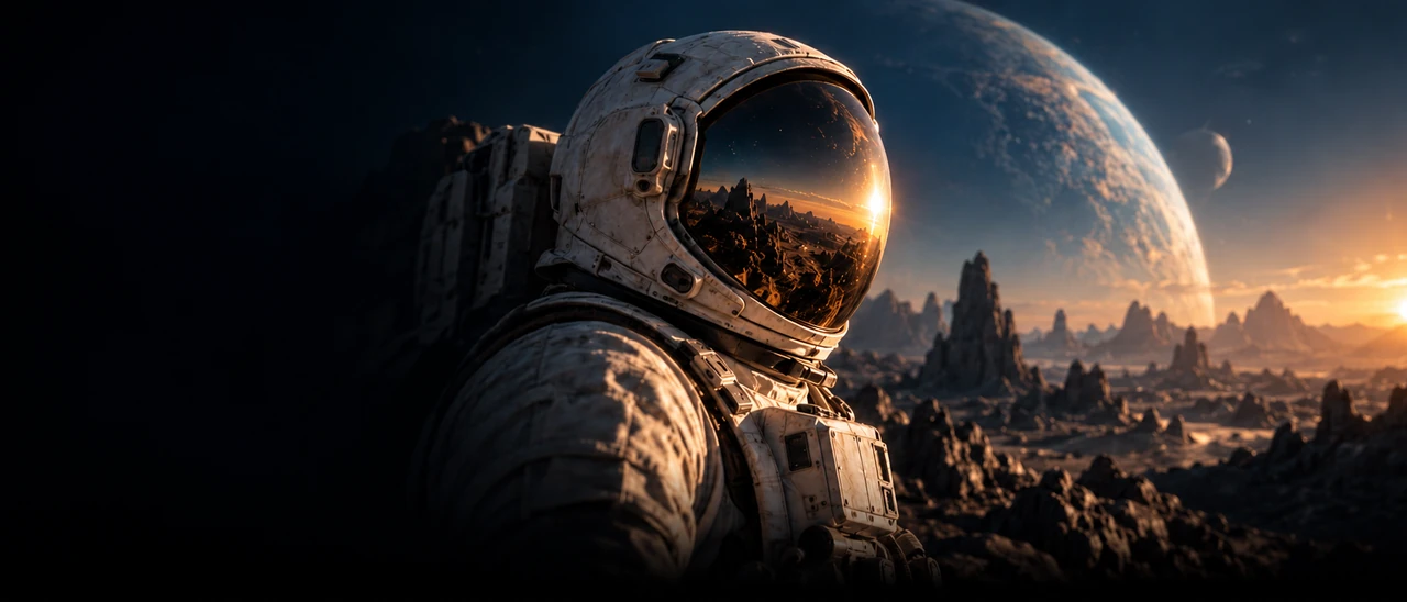 Astronaut looking out over an alien landscape at sunset, with a large planet in the sky