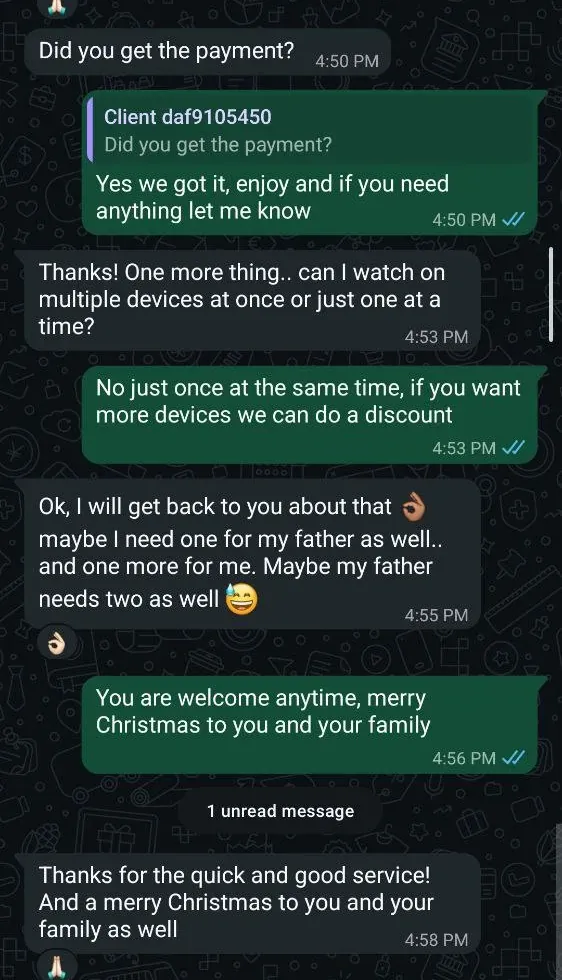 Customer thanks the team for quick service before Christmas