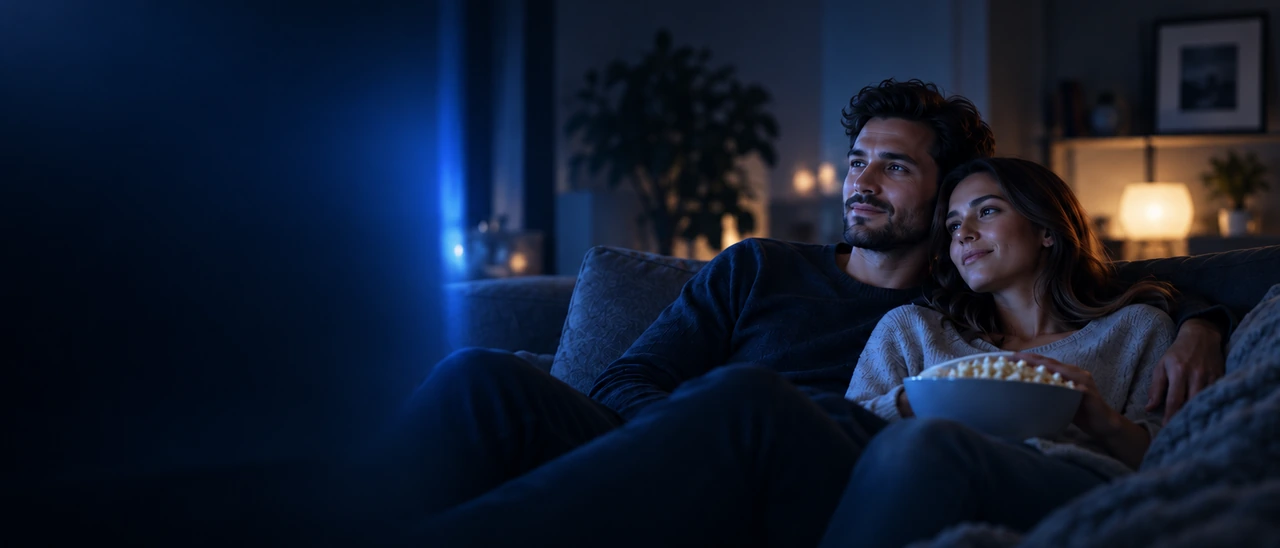 Paar schaut abends gemeinsam eine Serie auf dem Sofa im Wohnzimmer