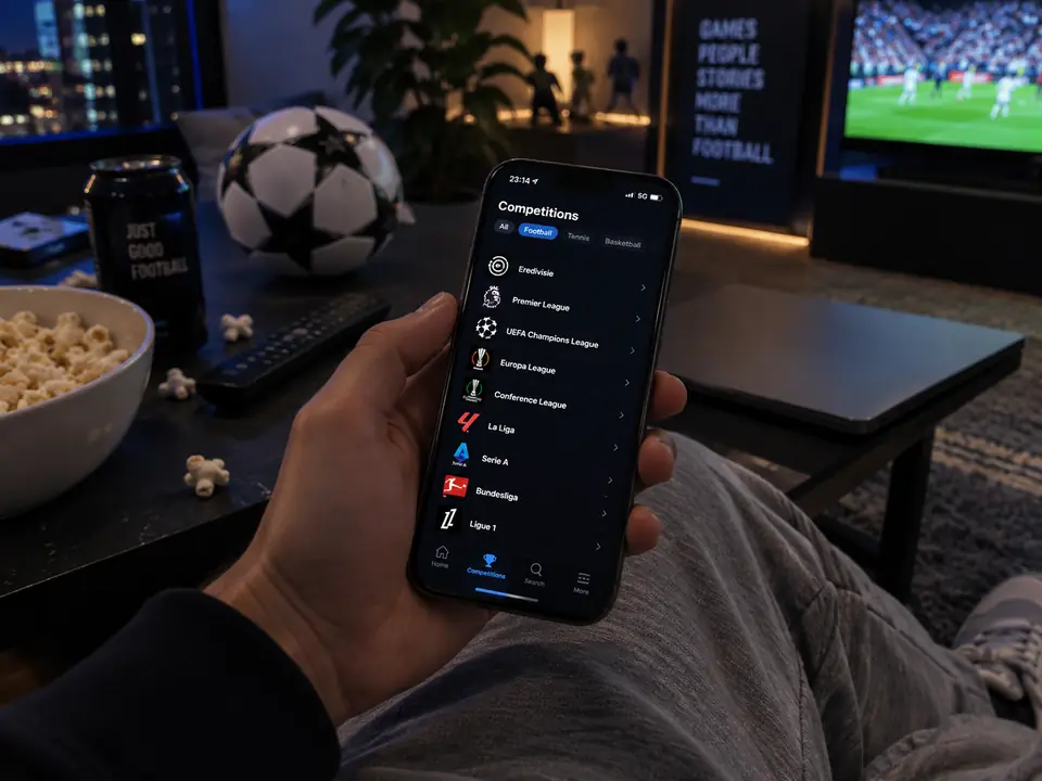 A phone showing a list of football competitions, with a match on the TV behind it