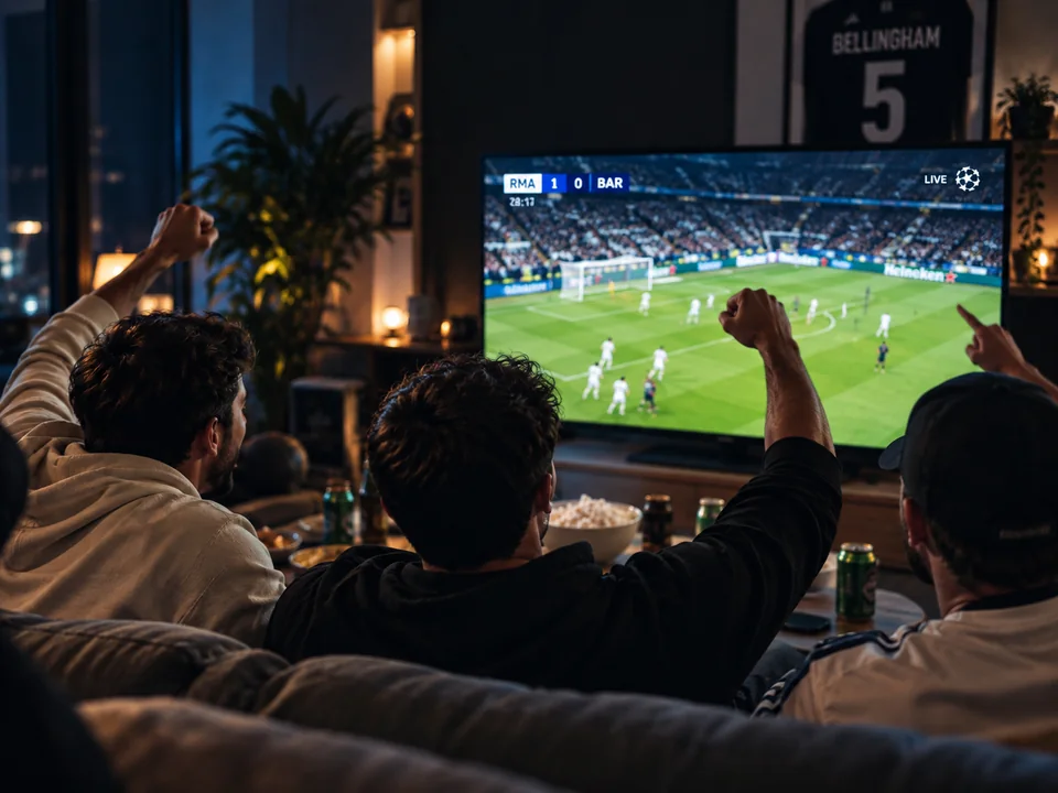 Friends cheering on the sofa while a football match plays live on a big TV