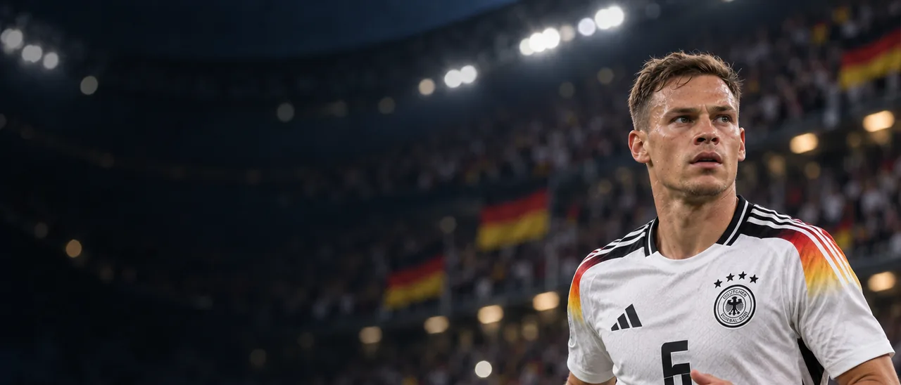 Fußballspieler im weißen Trikot in einem vollen Stadion, deutsche Fahnen auf der Tribüne
