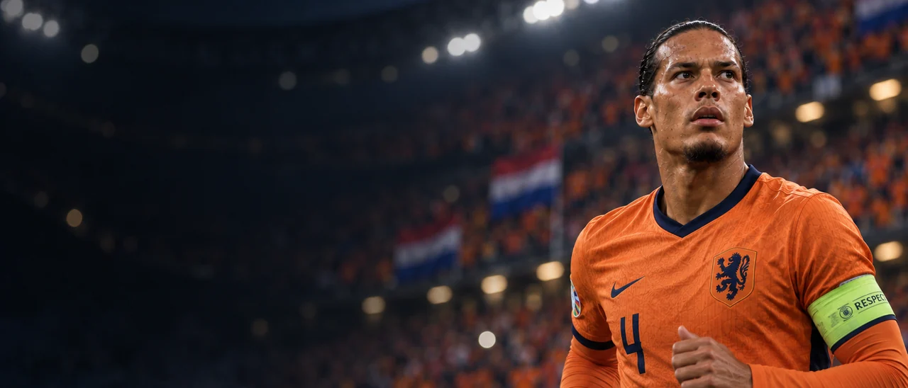Voetballer in oranje shirt in een vol stadion, met Formule 1 en wielrennen ernaast