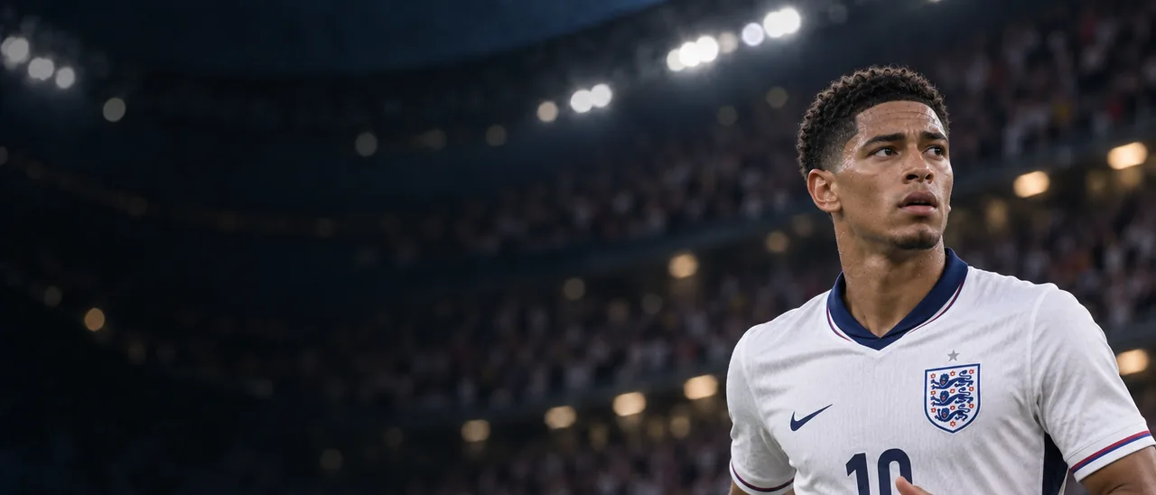 Footballer in an England shirt in a packed stadium under the floodlights