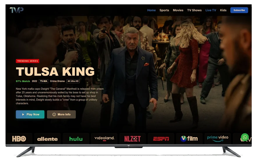 Smart TV showing the IPTV interface: Home, Sports, Movies, TV Shows, Live TV and Kids menus over a 4K series page, with HBO, Hulu, ESPN, Videoland and Prime Video channel logos along the bottom